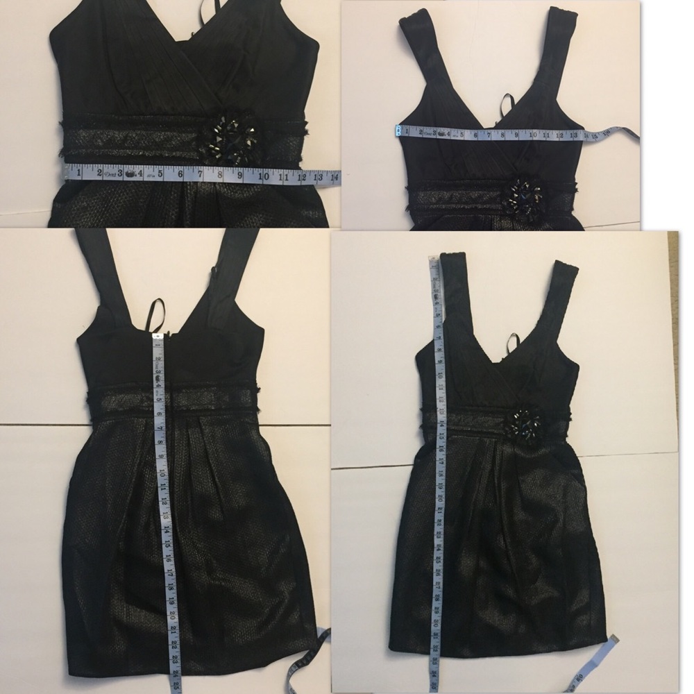 BCBGMaxAzria Black Satin Rosette Mini Dress Metallic Bubble Hem cocktail prom 0 - Picture 2 of 10